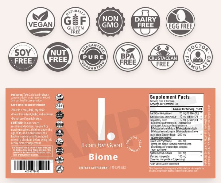 Lean for Good Biome ingredients list and supplement facts label showing vegan non GMO gluten free formula