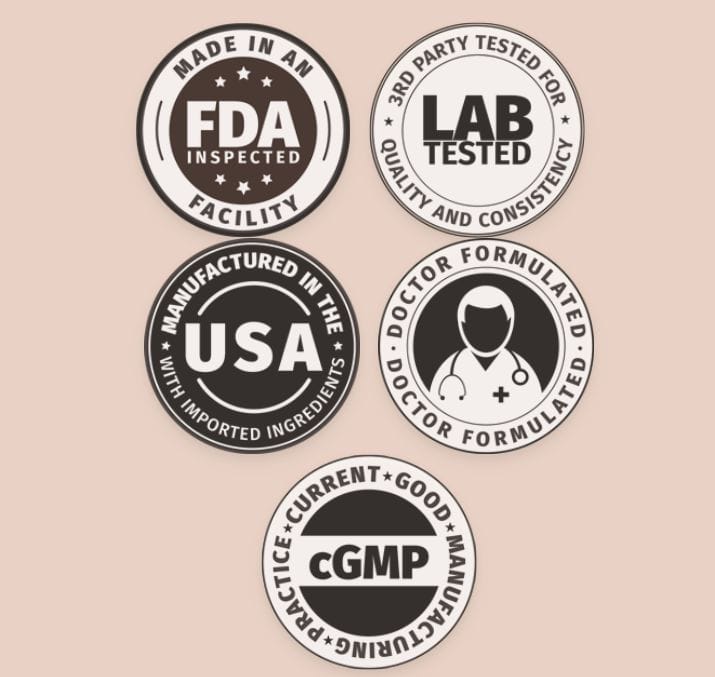 Lean for Good Biome quality badges showing FDA approved facility lab tested USA manufactured doctor formulated cGMP certified